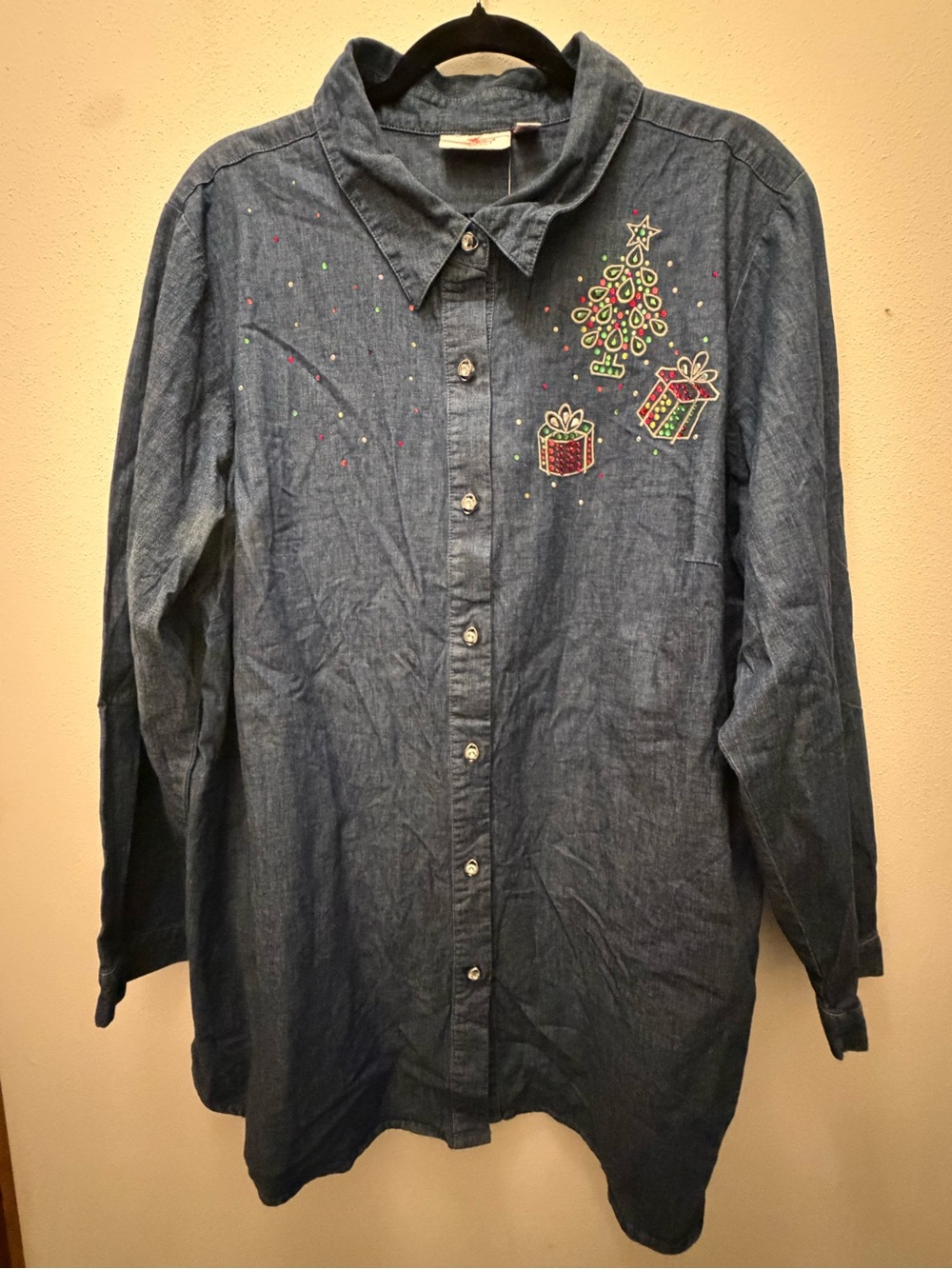 Women's Blue Denim Button-Down Shirt with Holiday Embroidery